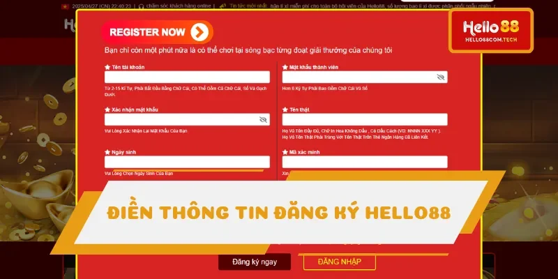Điền dữ liệu đăng ký Hello88