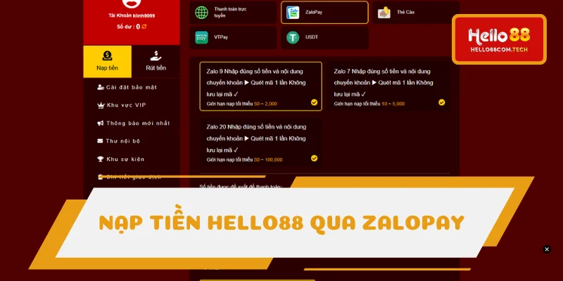 Nạp tiền Hello88 bằng ví Zalo